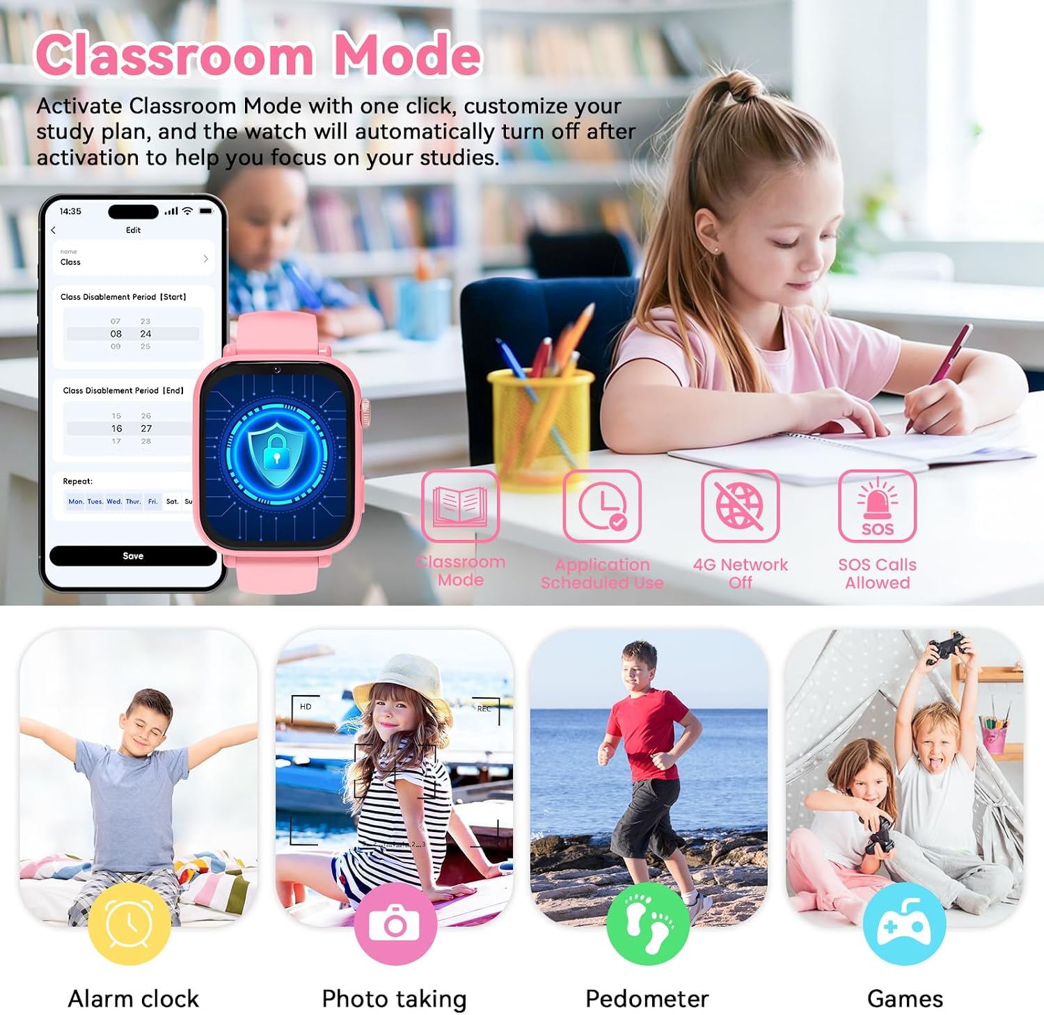 Detalle de 4G Kids Smart Watch Phone GPS with Video Calling, Class Mode, and SOS — Pink