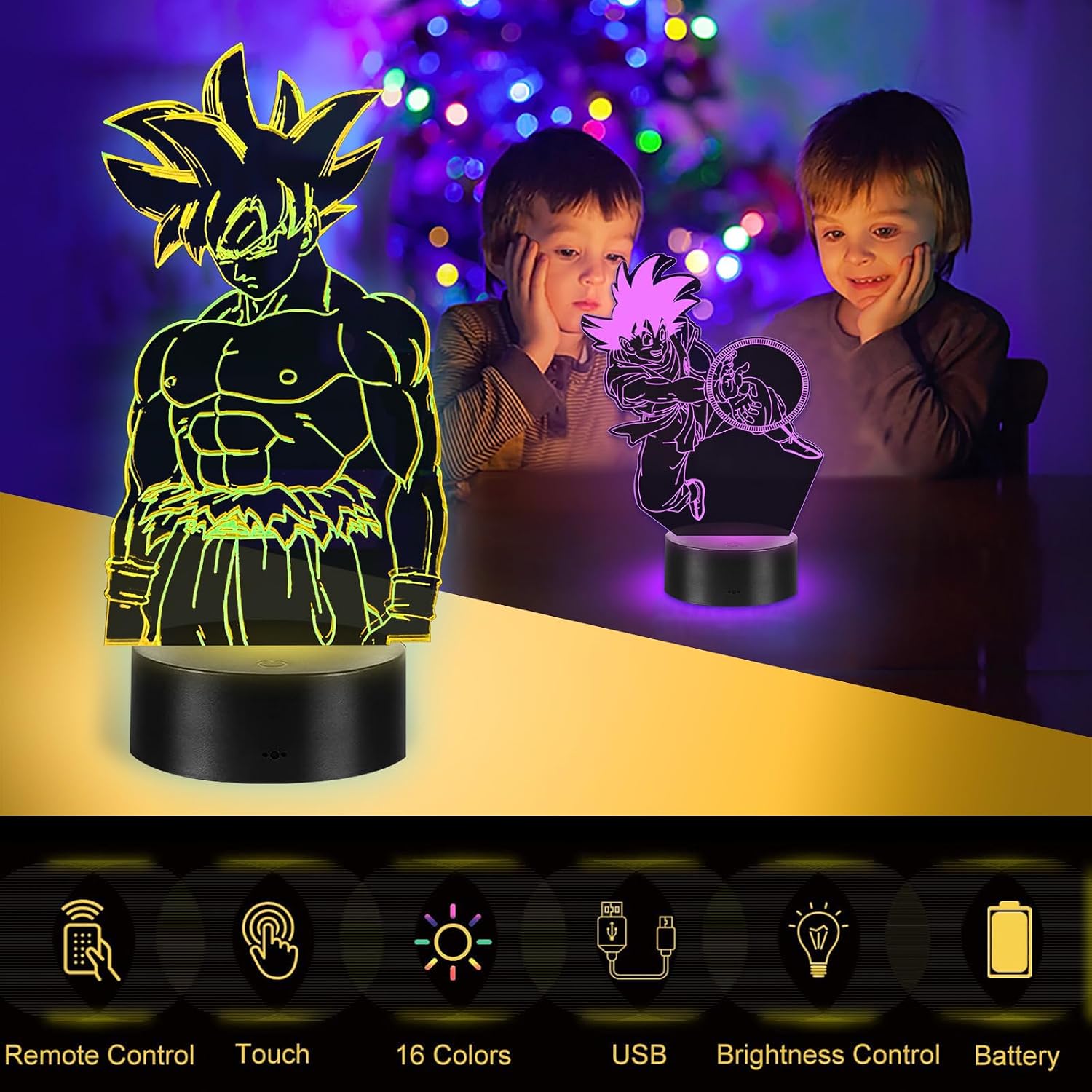 Detalle de Eygerur Lampe Goku 2-en-1: Veilleuse 3D LED Illusion pour Enfants avec Télécommande et 16 Couleurs
