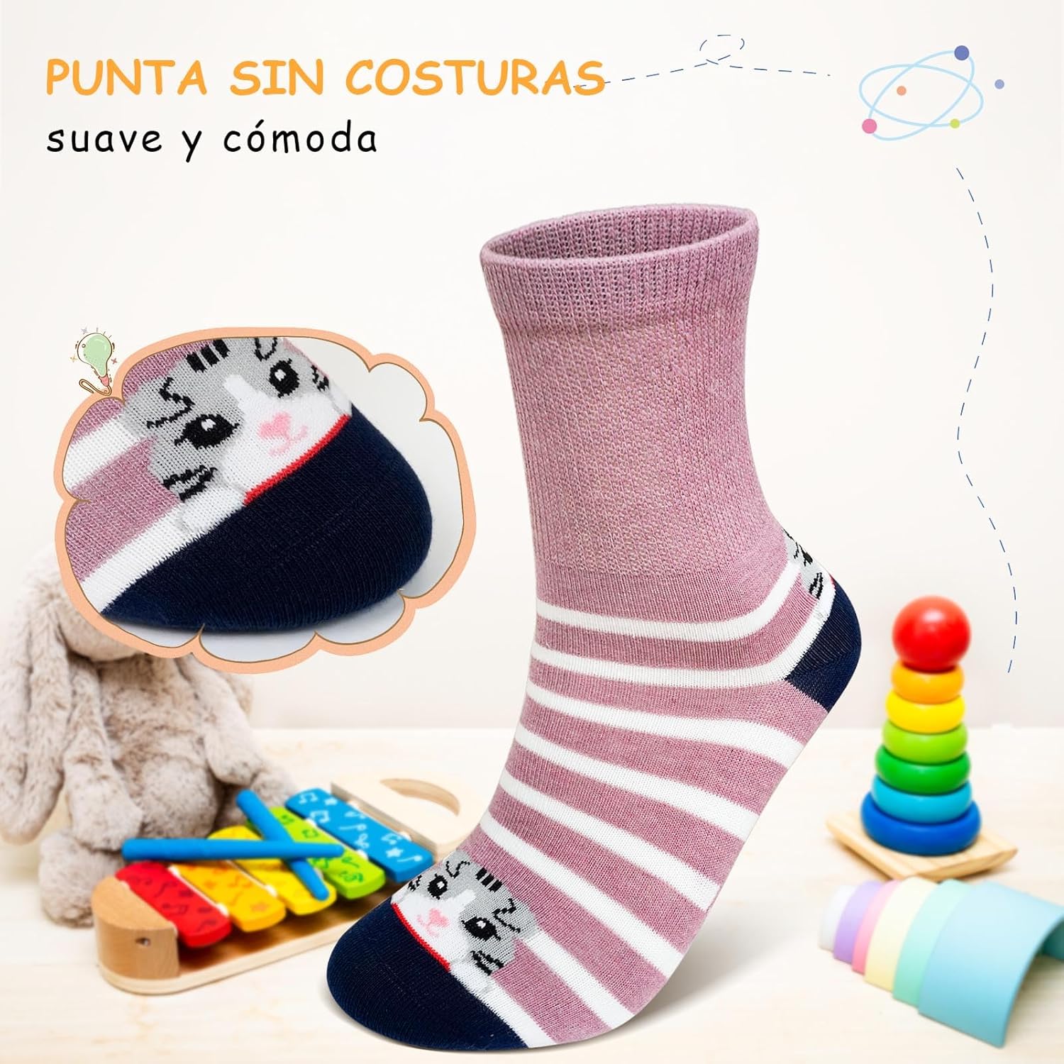 Thumbnail 4 de PUTUO Calcetines Niña Niño de Algodón 5 Pares Sin Costuras