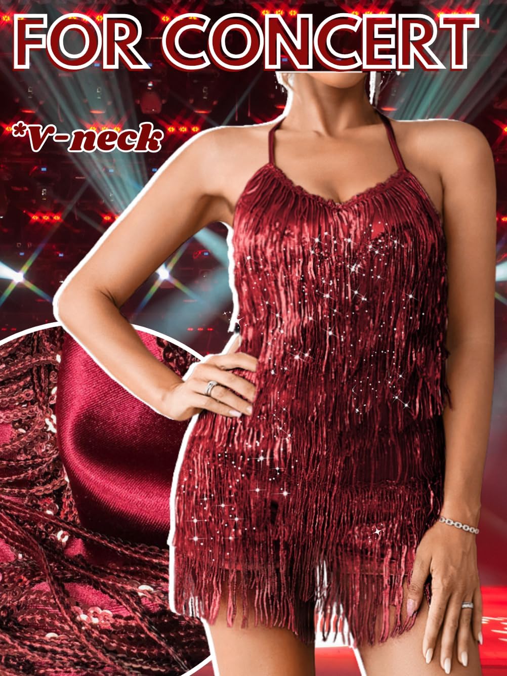 Detalle de Kaei&Shi Sequin Fringe Romper: Sparkly Backless Burgundy Jumpsuit for Women