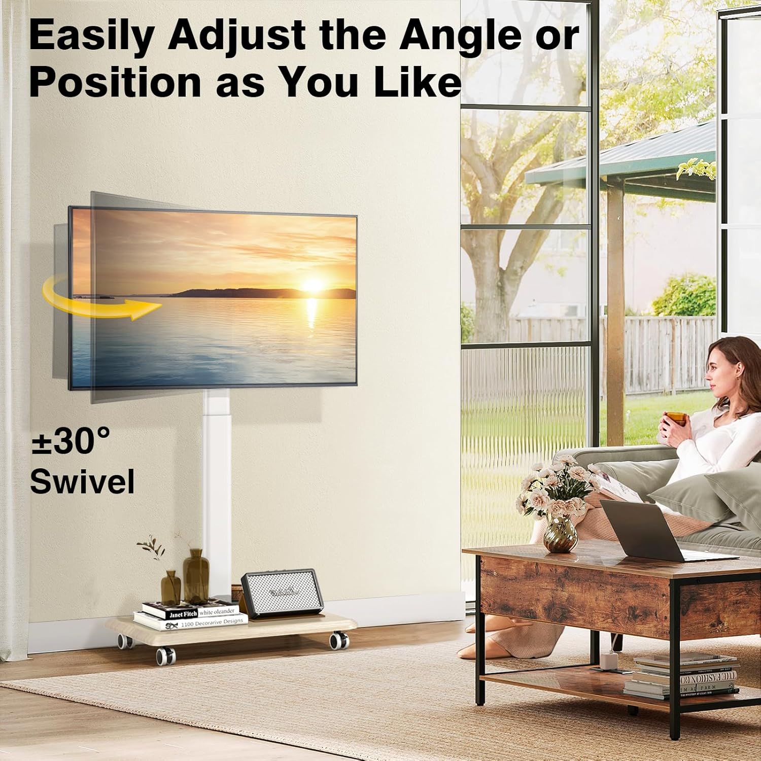 Thumbnail 2 de TVON Support TV sur pied à roulettes universel blanc et bois pour téléviseurs 32 à 65 pouces (VESA jusqu’à 400×400 mm)