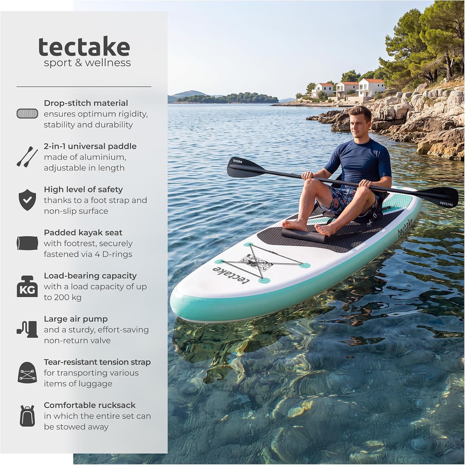 Detalle 2 de tectake Zenon uppblåsbar SUP-bräda med kajaksits, Drop-Stitch och 200 kg kapacitet