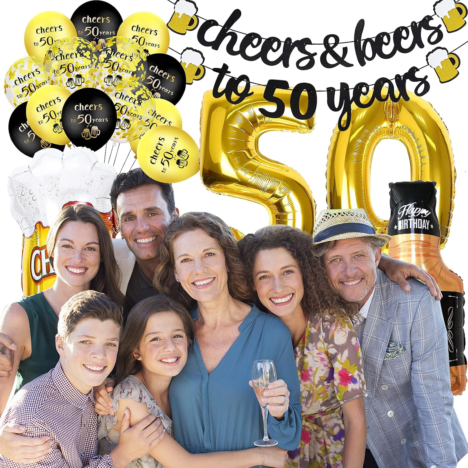 Thumbnail 4 de 50th Birthday Decorations set with “Cheers to 50 years” banner and foil number 50 balloons