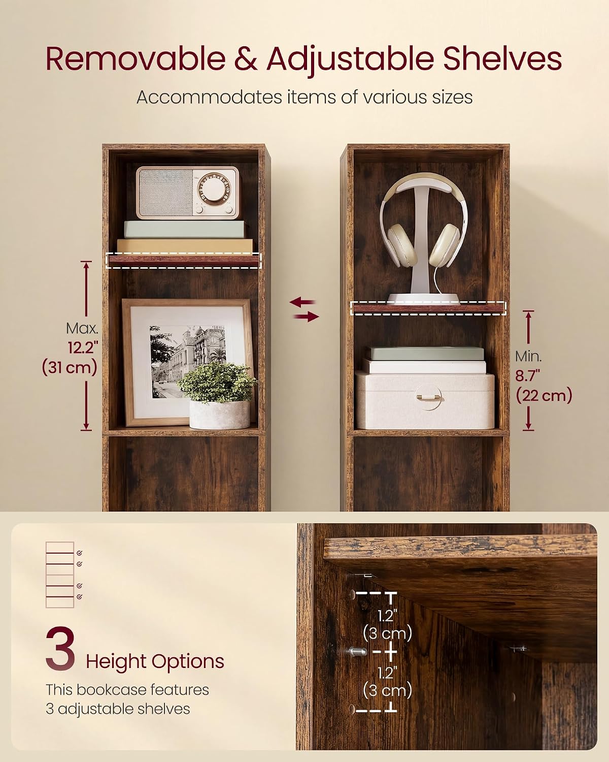 Detalle de VASAGLE Collection 5-Tier Bookcase (CUSTOS LBC419KD01) – Open Storage Shelving in Rustic Brown