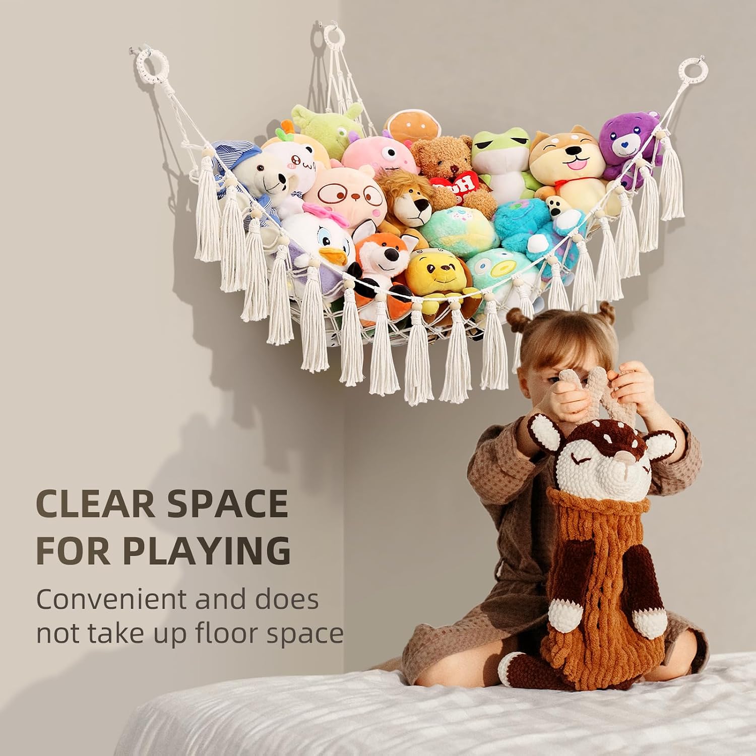 Detalle 2 de KIDDI MIDY Stuffed Animal Hammock, Beige Cotton Macramé Toy Storage