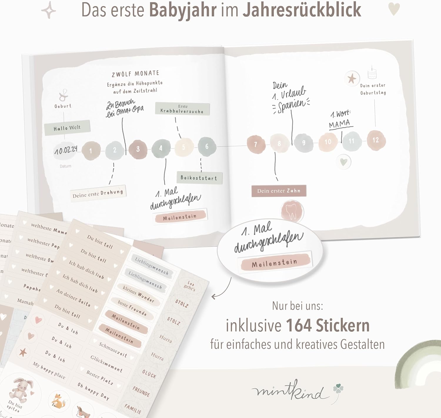 Thumbnail 6 de mintkind® „Mein erstes Jahr“ Babyalbum Pattern Rosa – sanftes Babytagebuch mit 176 Seiten & Sticker-Set im Hardcover