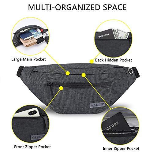 Detalle de MAXTOP Large Bumbag Waist Fanny Pack: 4-Zipper, Headphone Jack, Adjustable Belt for Travel, Running, and Hiking