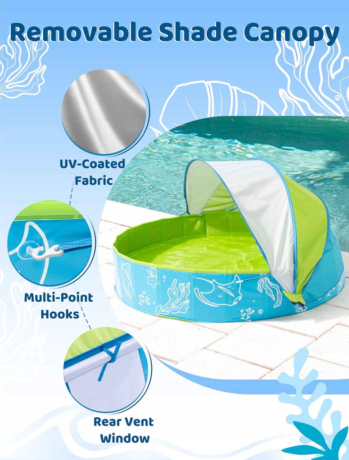 Thumbnail 2 de Hikiddy Foldable Kiddie Pool with Canopy (63in) – Extra Large Family Splash Pool for Outdoor Water Play