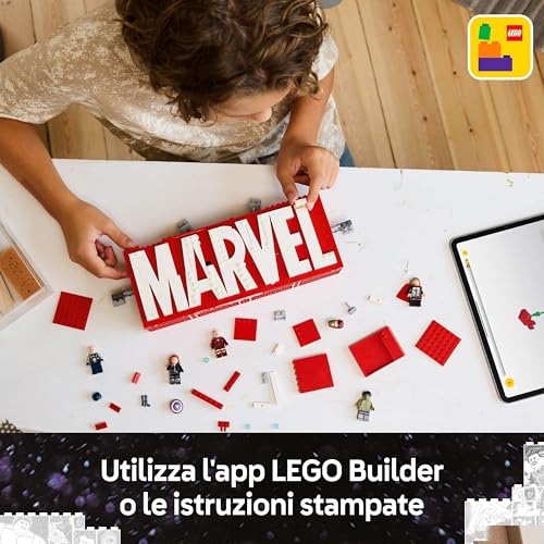 Detalle de LEGO Marvel Logo e Minifigure: set 76313, il logo Marvel con 5 leggende Avengers in 3D