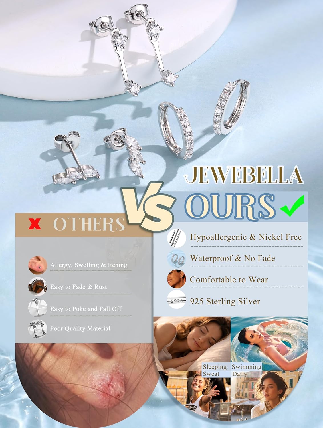Detalle 2 de JeweBella 3er-Set Ohrringe aus 925 Sterling-Silber (14 Karat vergoldet) – kleine Ohrstecker, Creolen & Zirkonia