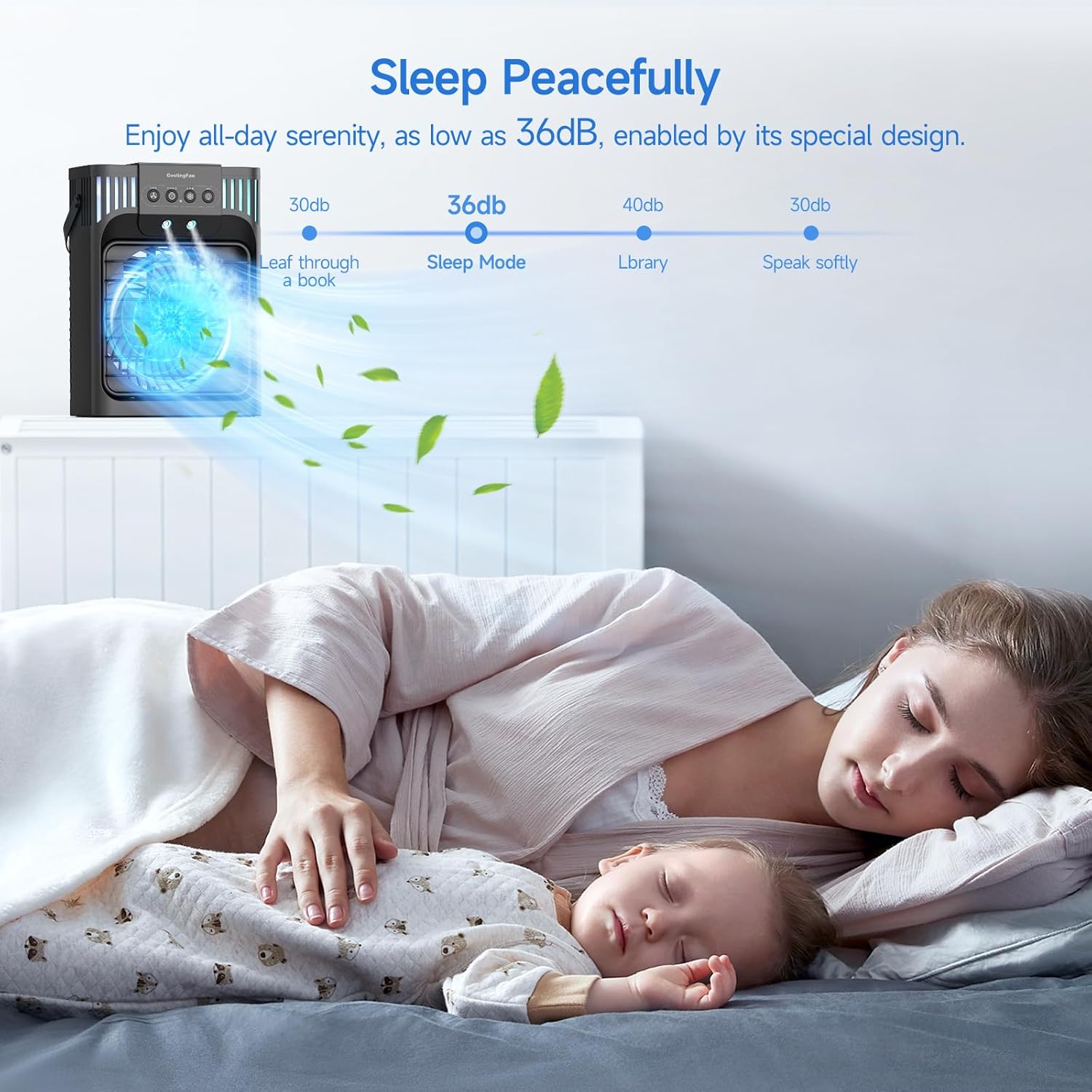 Detalle de Portable Air Conditioner Cooling Fan with Remote – 1200ml Mini Cooler, 3 Speed Settings, Mist Function and LED Night Light