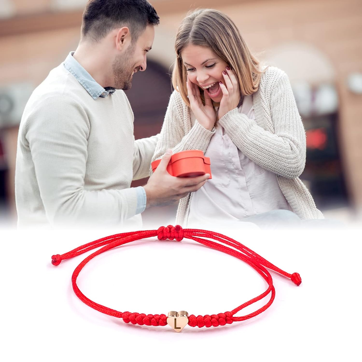 Thumbnail 5 de Initial E Heart Charm Bracelet – Red Adjustable Rope Bracelet for Women, Men & Teens