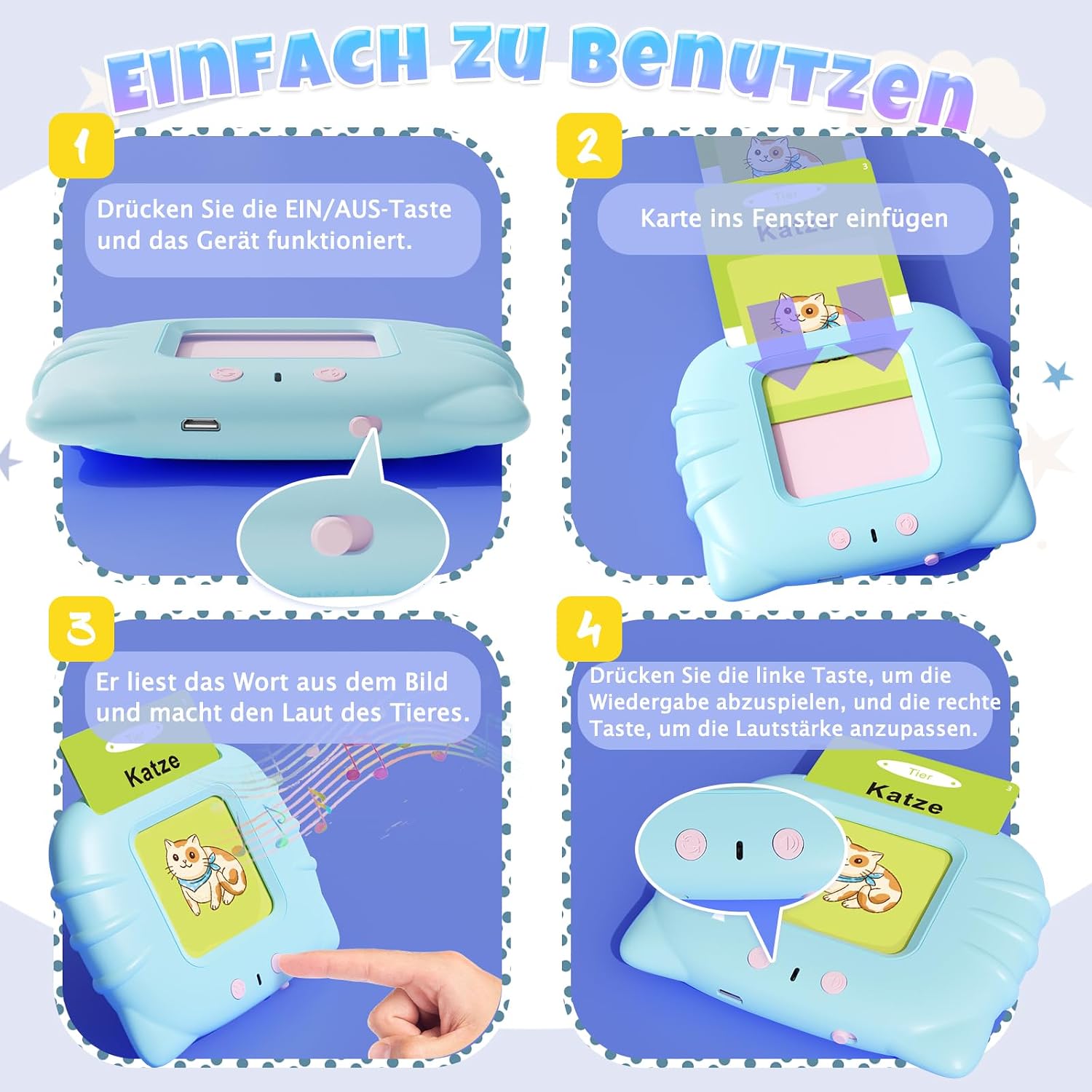 Thumbnail 4 de GUYUCOM Lernspielzeug für Kinder von 1 bis 6 Jahren – 112 doppelseitige Lernkarten mit 224 Wörtern, hörbar und wiederaufladbar (Blau)