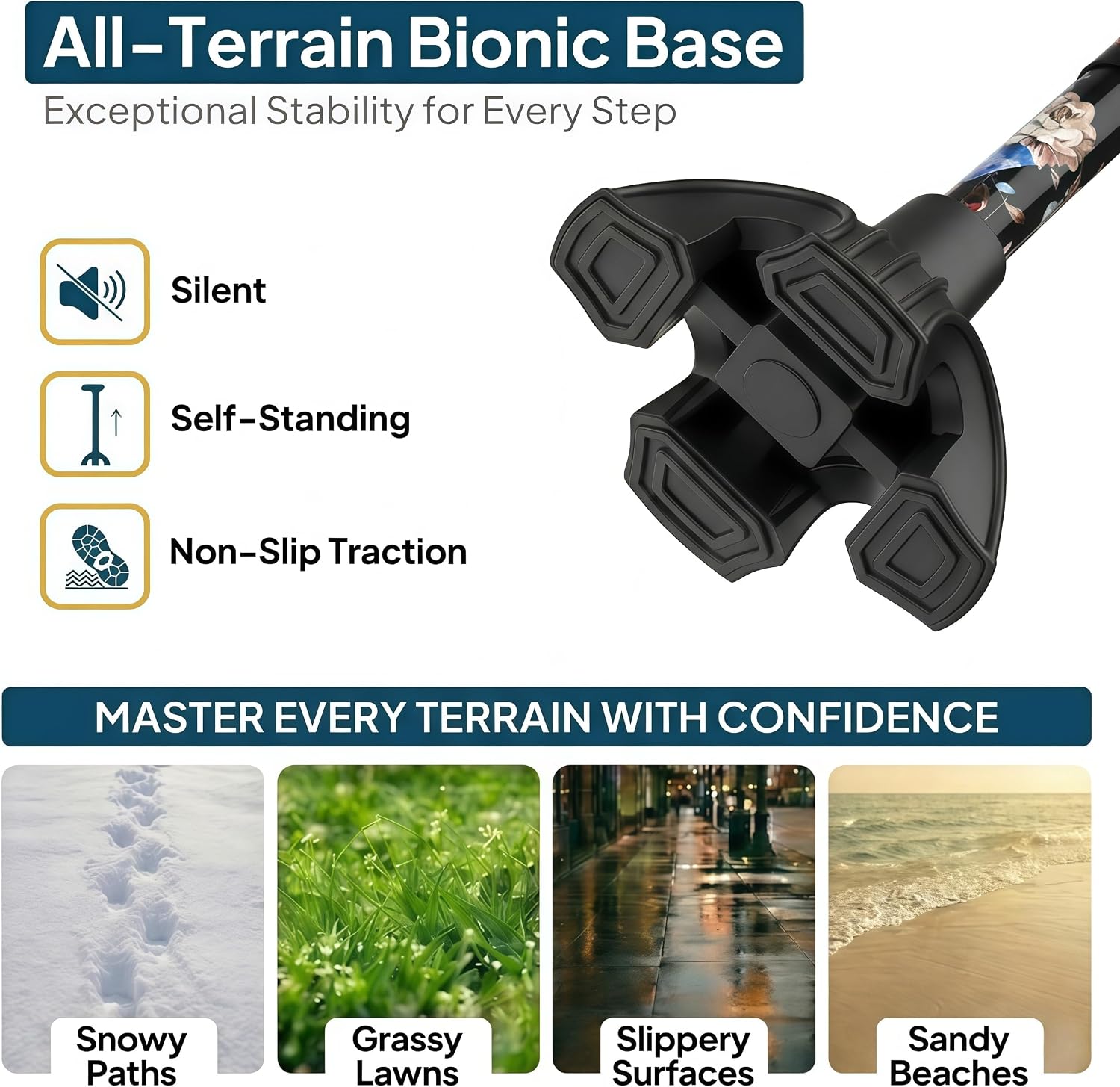 Detalle 2 de Hedkin Folding Walking Cane with LED Light, Adjustable Height, Quad Base