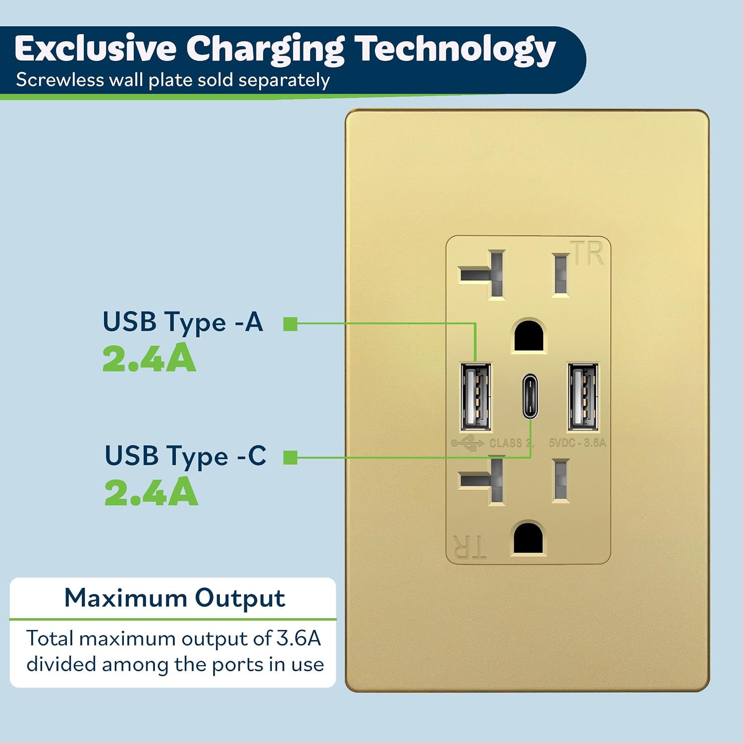 Detalle de TOPGREENER TU22036AC3-GDWSI 3-Port USB-C & USB Wall Outlet (20 Amp, Tamper-Resistant) with Gold Faceplate