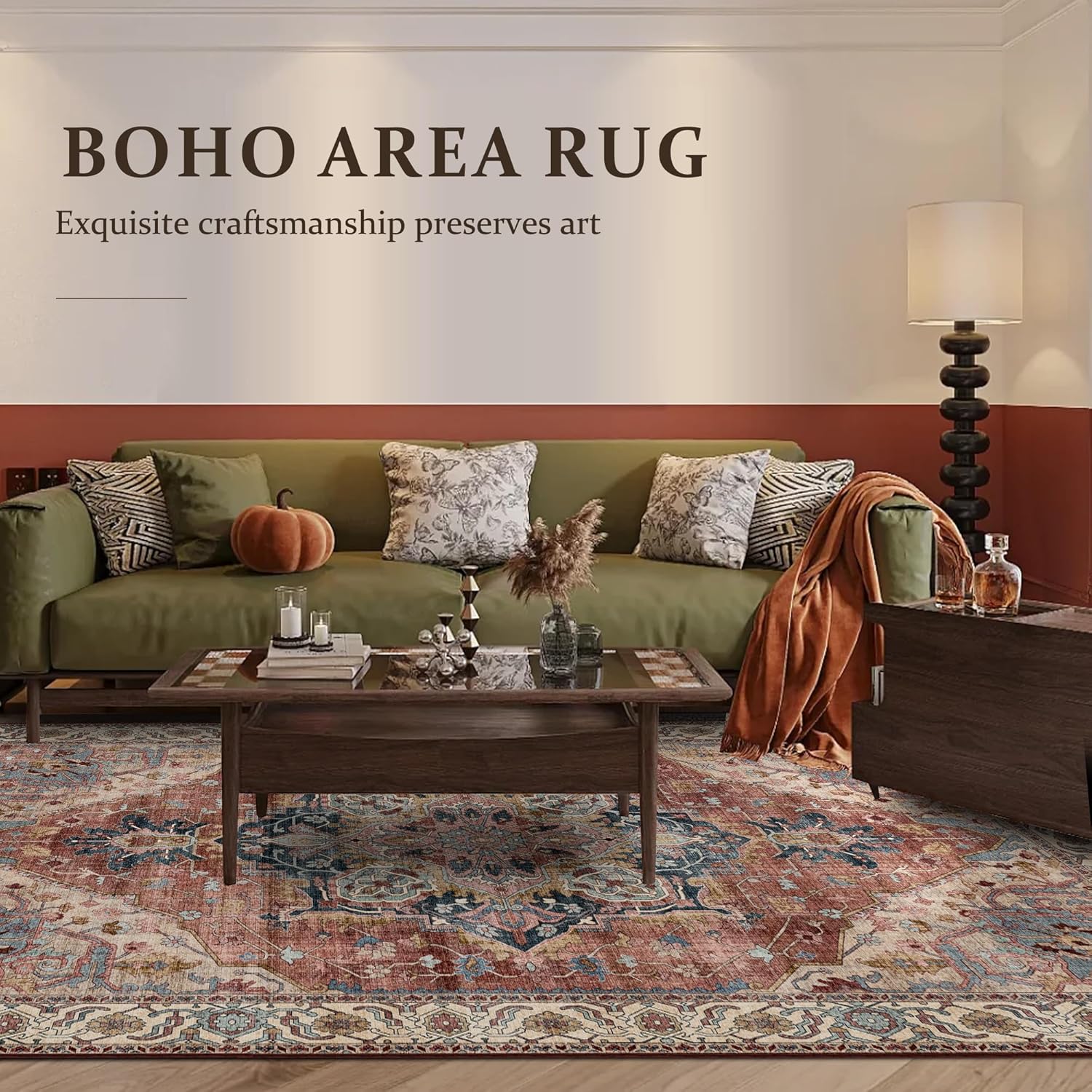 Thumbnail 2 de Deerly 6' x 9' Boho Area Rug, Brickred, Washable Low-Pile Design