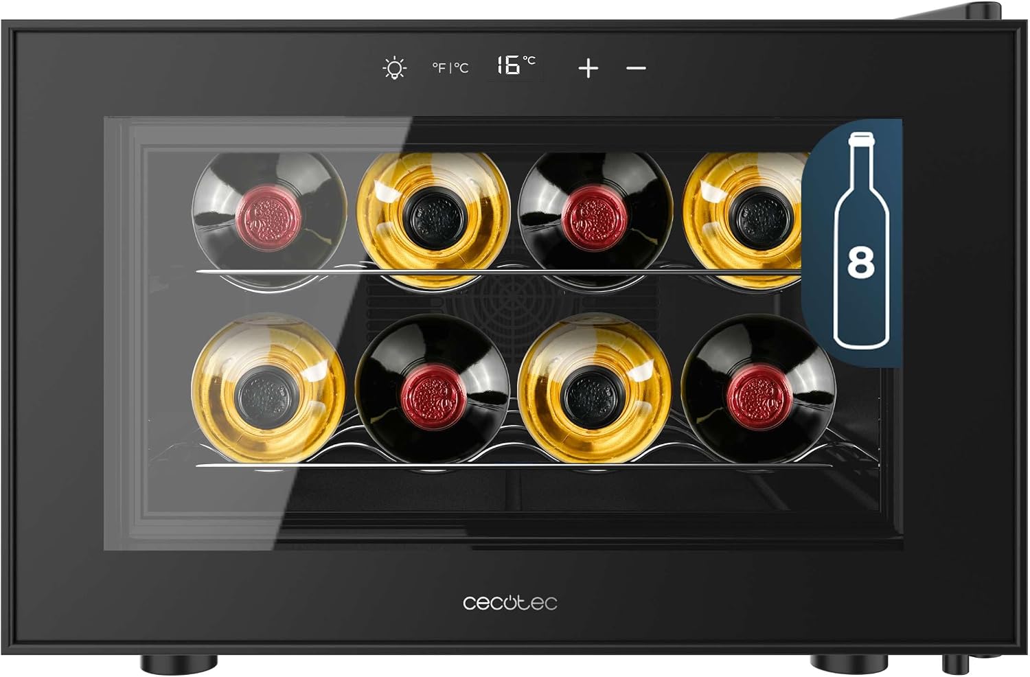 Detalle de Cecotec Vinoteca 6 Botellas Bolero GrandSommelier 600 CoolCrystal E. Estantes Metálicos – Negro