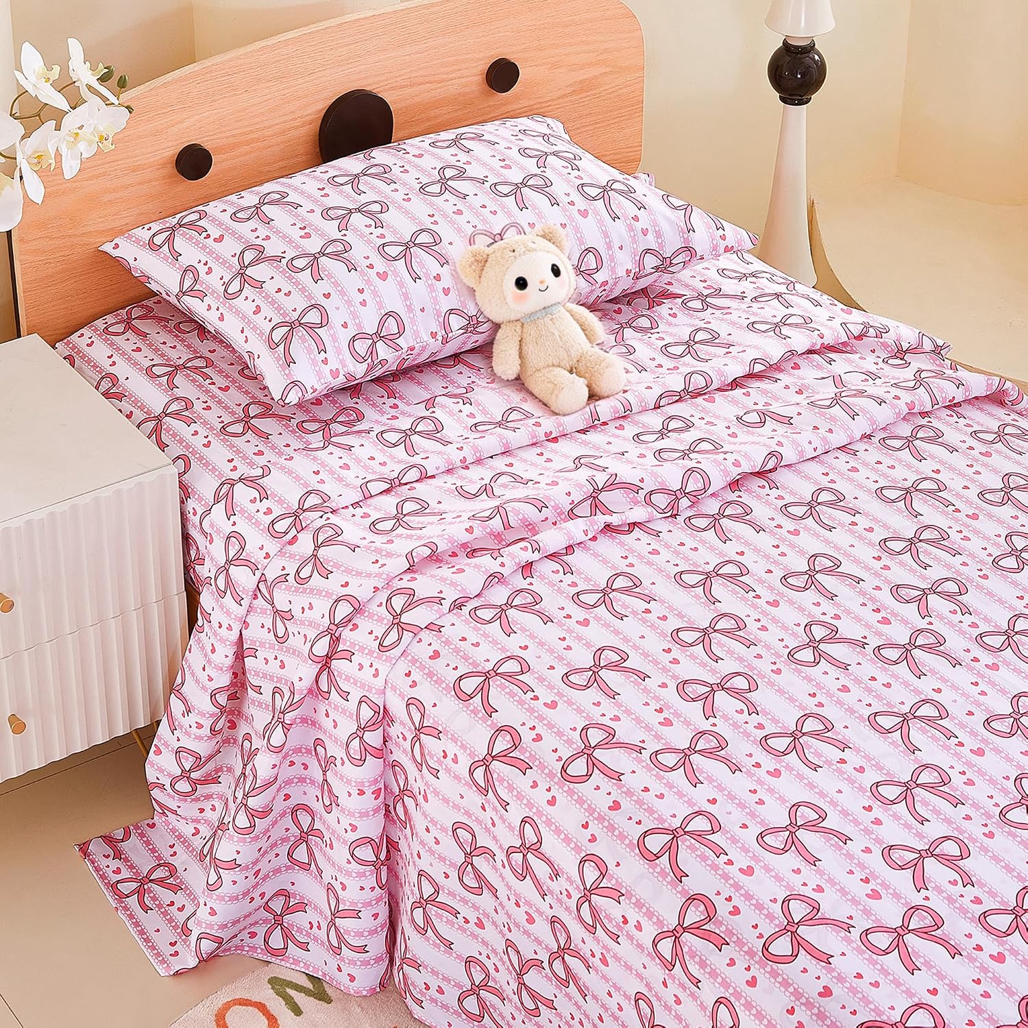 Thumbnail 2 de Viviland VLKDSHT-PB-T Twin Sheet Set, Pink Bow Microfiber, Deep Pocket