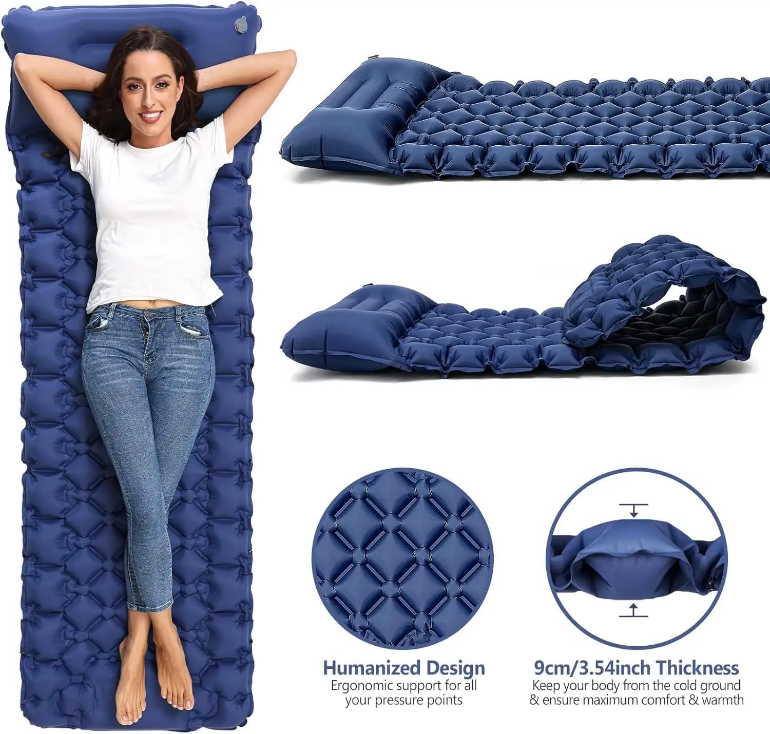 Thumbnail 4 de Kiaitre Camping Mat, 9cm Ultralight Inflatable Sleeping Pad with Pillow — Blue