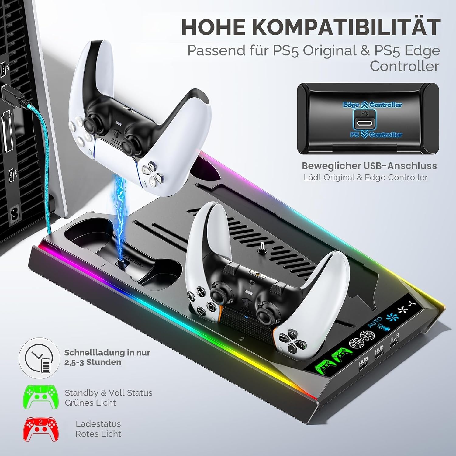 Thumbnail 3 de Rysker PS5/PS5 Slim/PS5 Pro Ständer für Disc & Digital – 3-stufige Kühlstation mit RGB-LED und Controller-Ladegerät (Schwarz)