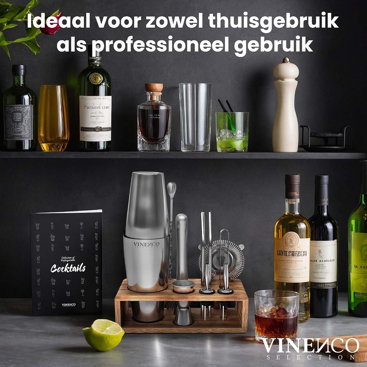 Detalle de Vinenco CS3 Boston cocktailshakerset, 13-delig van RVS met standaard