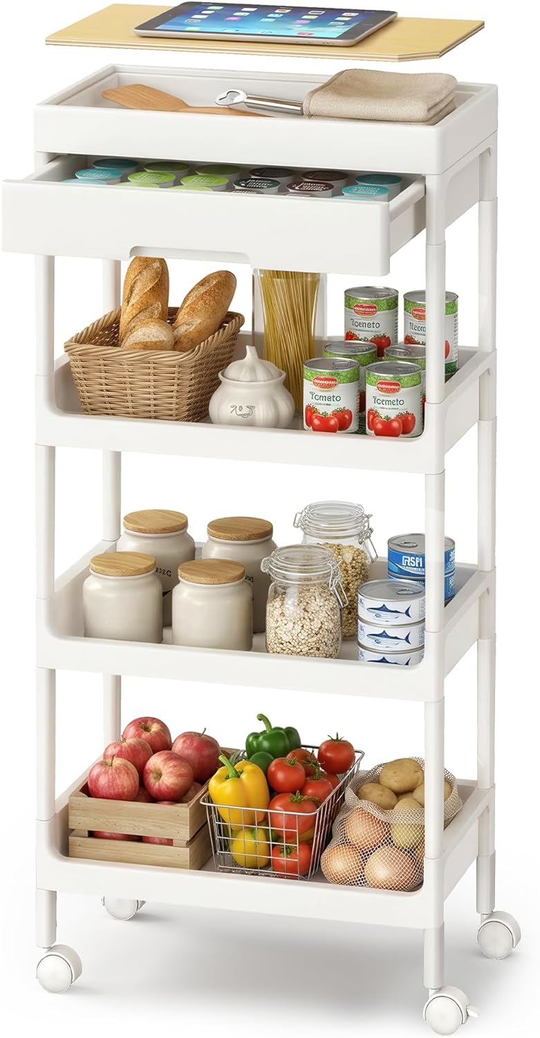 Detalle de SONGMICS Carrello a 4 Ripiani BSC070W101: praticità su ruote per cucina, bagno e lavanderia