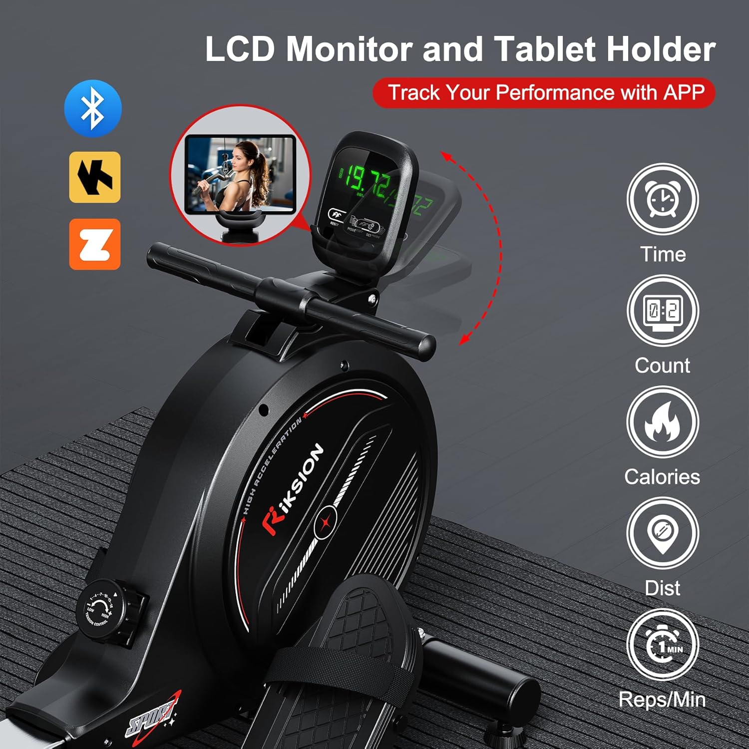 Detalle 2 de RIKSION Magnetic Foldable Rowing Machine (LCD Monitor, 350LB Capacity) with KINOMAP compatibility