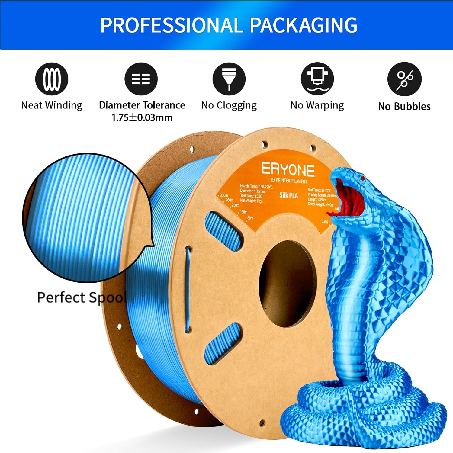 Thumbnail 2 de ERYONE Silk PLA Filament 1,75 mm – 1 kg Spule, Silk Blau