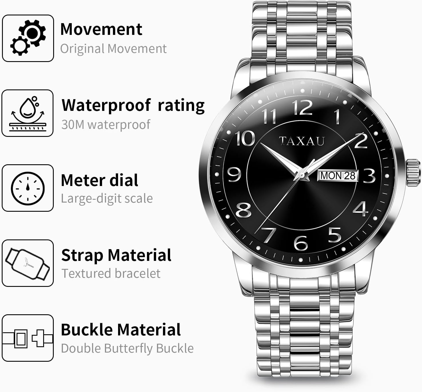 Thumbnail 5 de Taxau Edelstahl Herrenarmbanduhr mit wasserdichtem Design (30 m), Quarzwerk und Multifunktions-Zifferblatt
