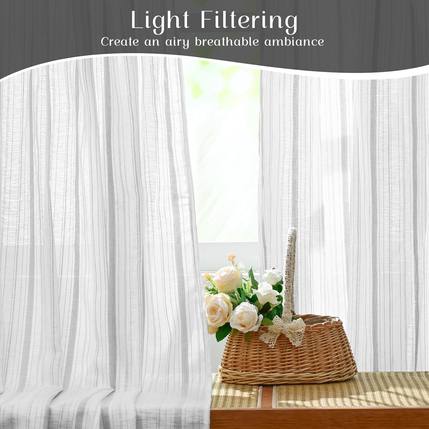 Detalle 2 de FRAMICS Linen Curtains 63 Inch Grey Striped Drapes 🪟