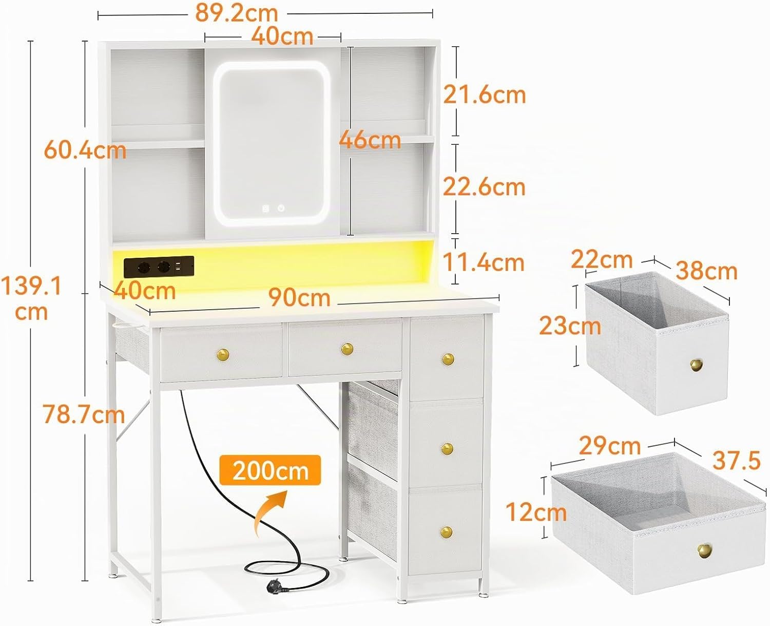 Detalle 2 de ODK Tavolo da toeletta con specchio LED mobile (5) – 8 cassetti, USB, barra RGB, bianco, 110 × 40 × 137 cm