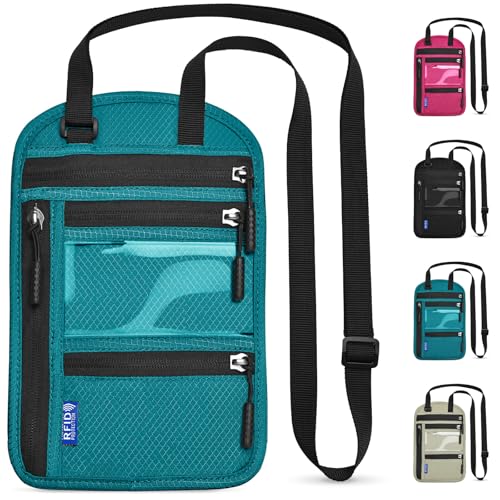 Detalle de Yordawn Portadocumentos de Viaje de Cuello con Bloqueo RFID – Funda Impermeable para Pasaporte (Azul Lago)
