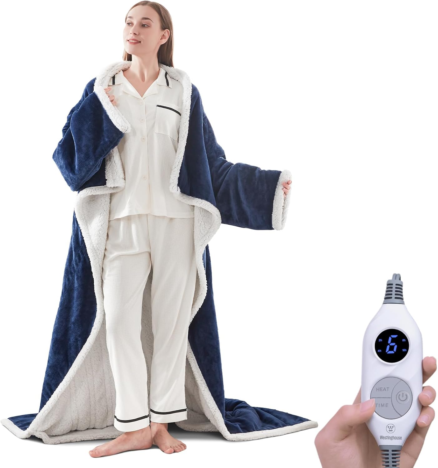 Detalle de Westinghouse Wearable Heated Blanket, Navy Sherpa Throw with Sleeves and Foot Pocket