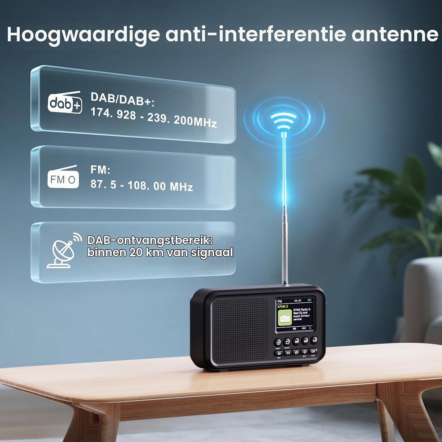 Detalle de ROCAM CR1031DAB draagbare DAB+/FM-radio met 3.000 mAh-accu en kleurenscherm