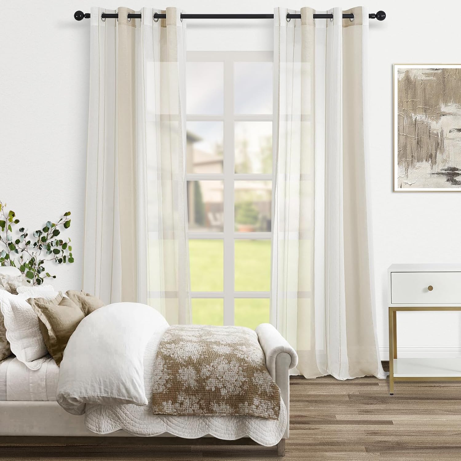Thumbnail 5 de Topfinel Cortinas Rayadas para Sala 140x240cm 🏡 2 Piezas Blancas y Caqui