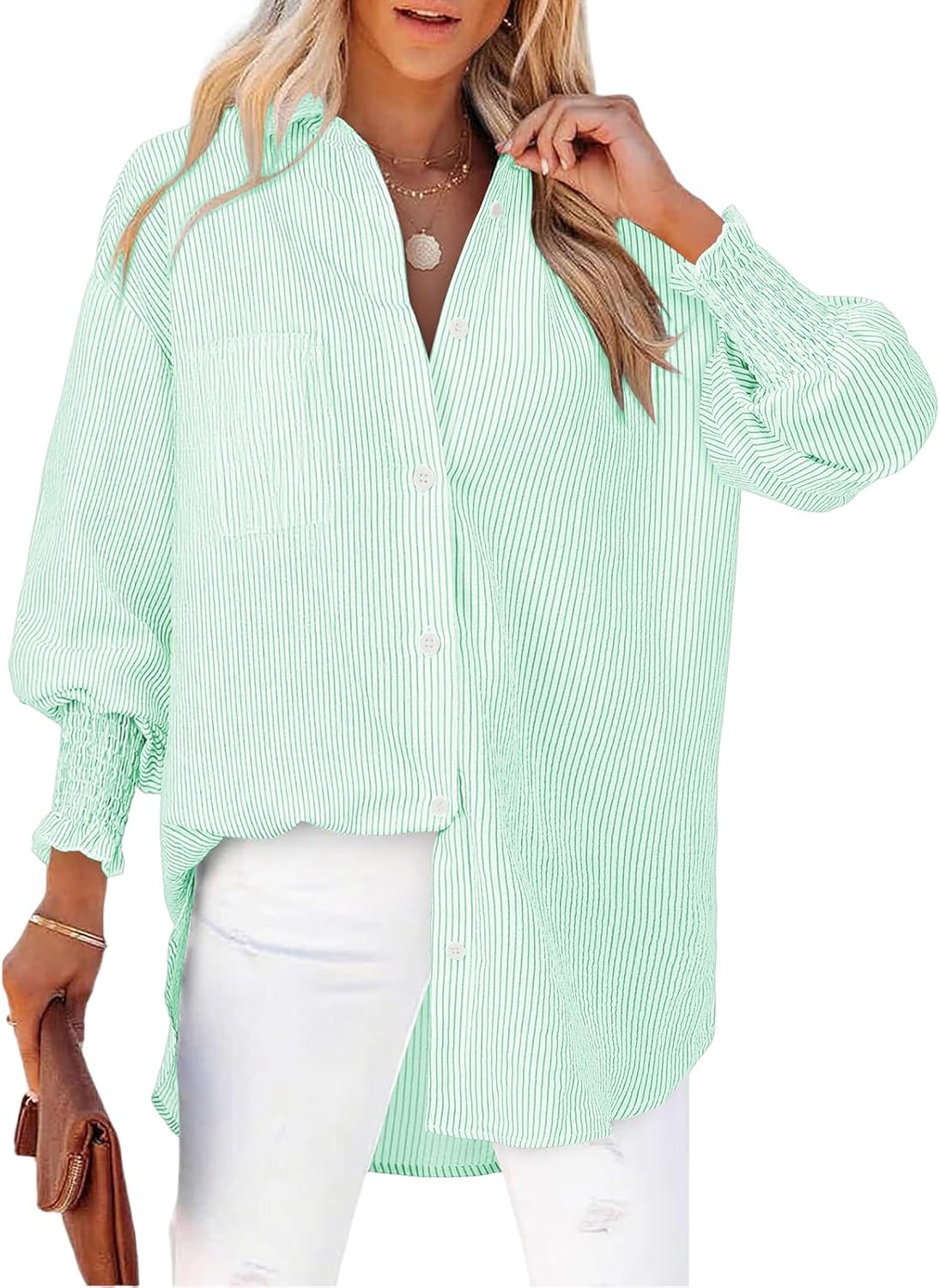 Thumbnail 4 de Cuptacc Damen-Bluse mit V-Ausschnitt, Knopfleiste und Brusttasche – gestreift
