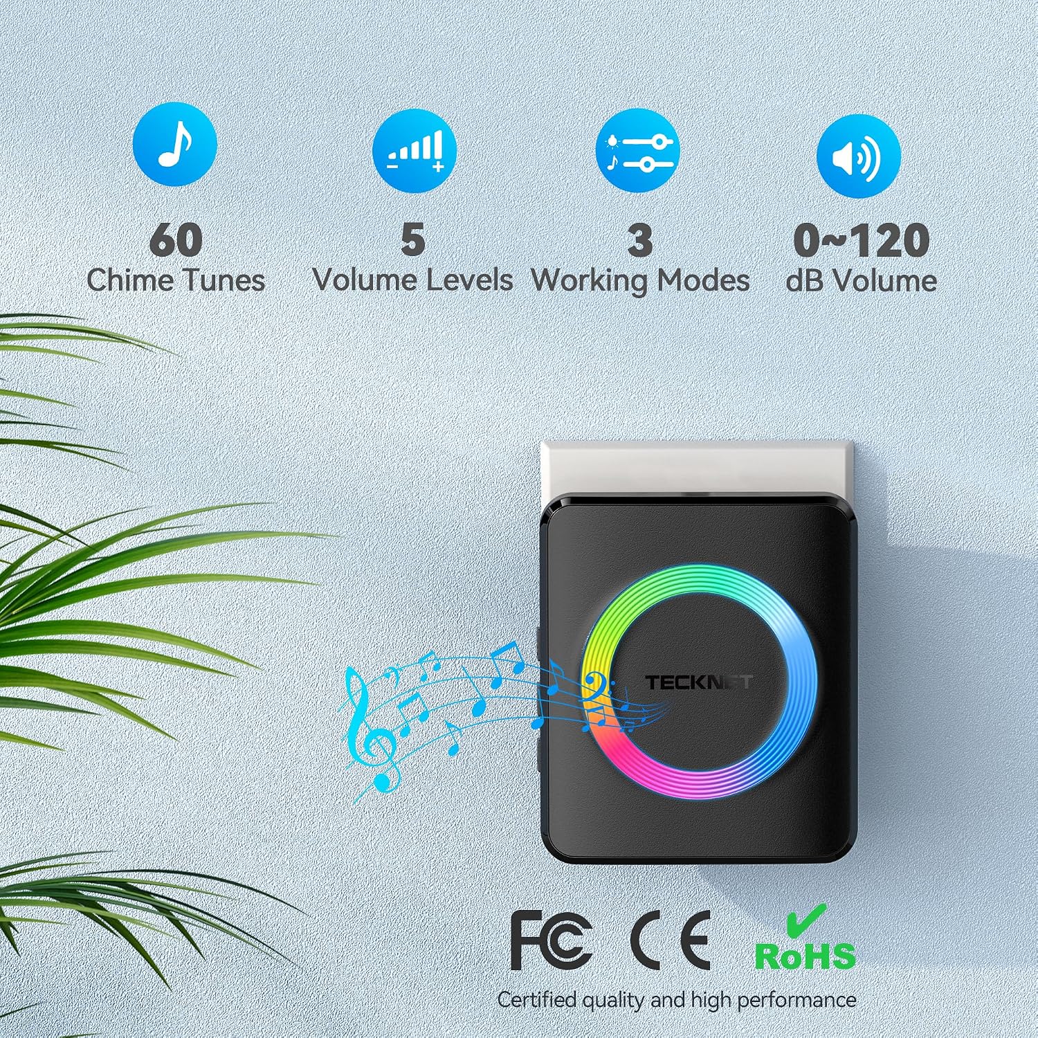 Thumbnail 1 de TECKNET Wireless Doorbell with 2 Receivers (1300ft) – IP65 Waterproof Plug-in Doorbell, 120dB Loud, RGB Light