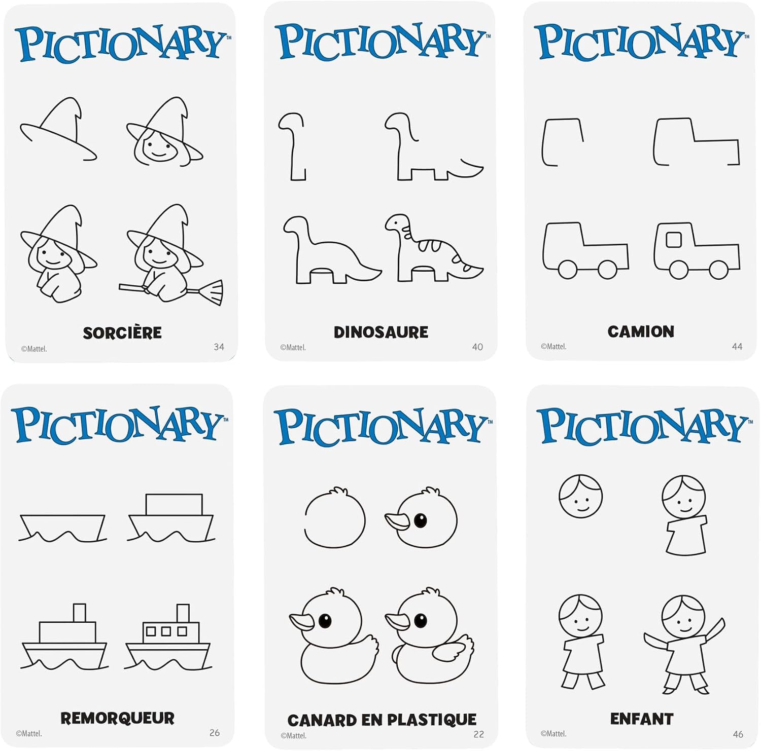 Detalle 2 de Mattel Games Pictionary – Jeu de société familial Multiniveau, 2 équipes, feutres et ardoises inclus