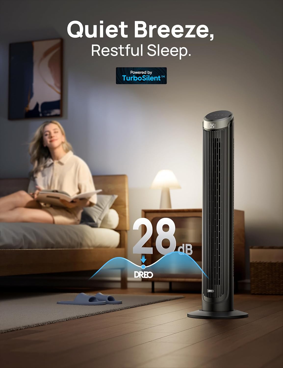 Thumbnail 2 de DREO Smart Tower Fan for Bedroom (90° Oscillating) – 7.9m/s, 5 Speeds, Quiet 28dB, Touch/Remote/App & Alexa
