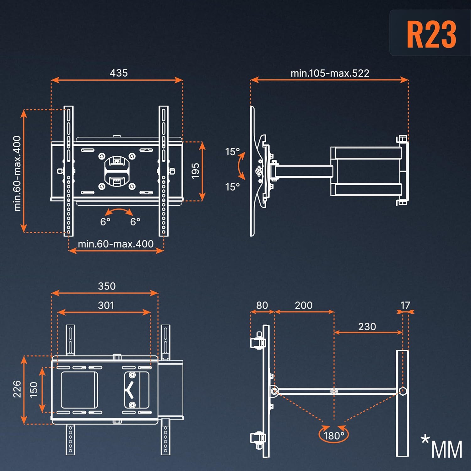 Detalle de RICOO TV Wandhalterung R23-F Schwenkarm für 40–75 Zoll, VESA 400x400, Tragkraft 95 kg