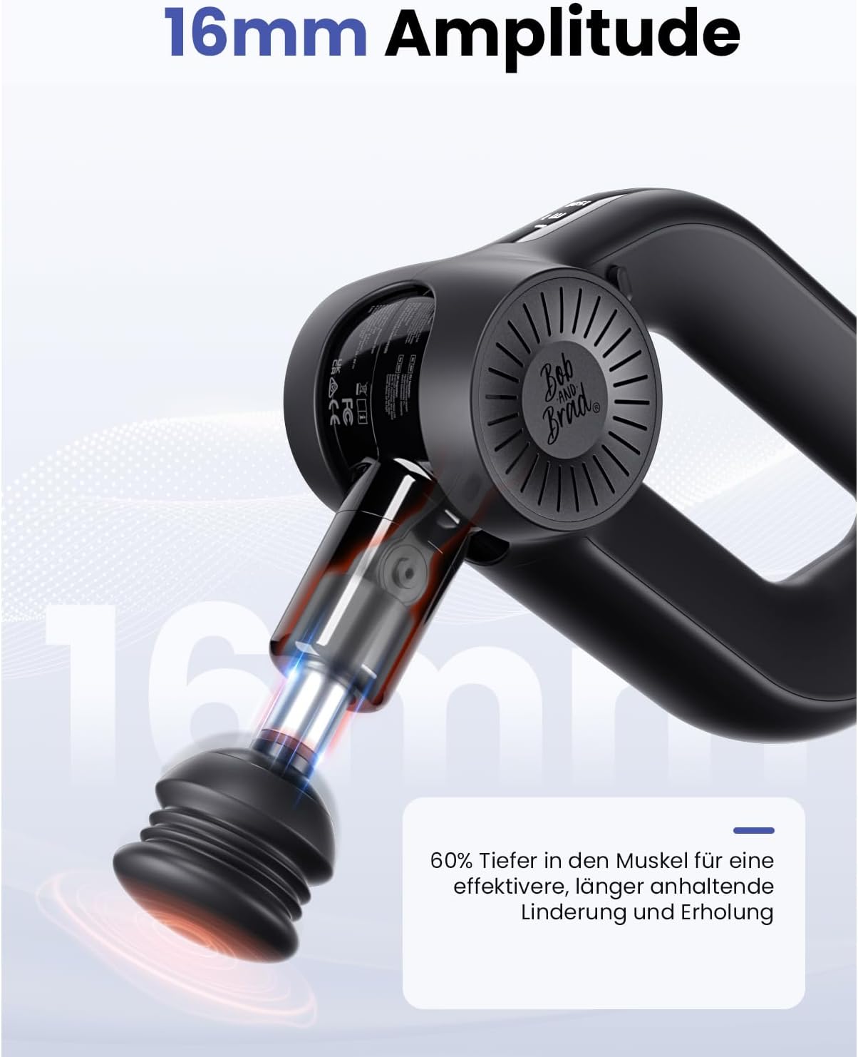 Detalle 2 de Bob and Brad D6 Pro Massagepistole – 16 mm Amplitude, OLED, 7 Aufsätze, 6 Geschwindigkeiten