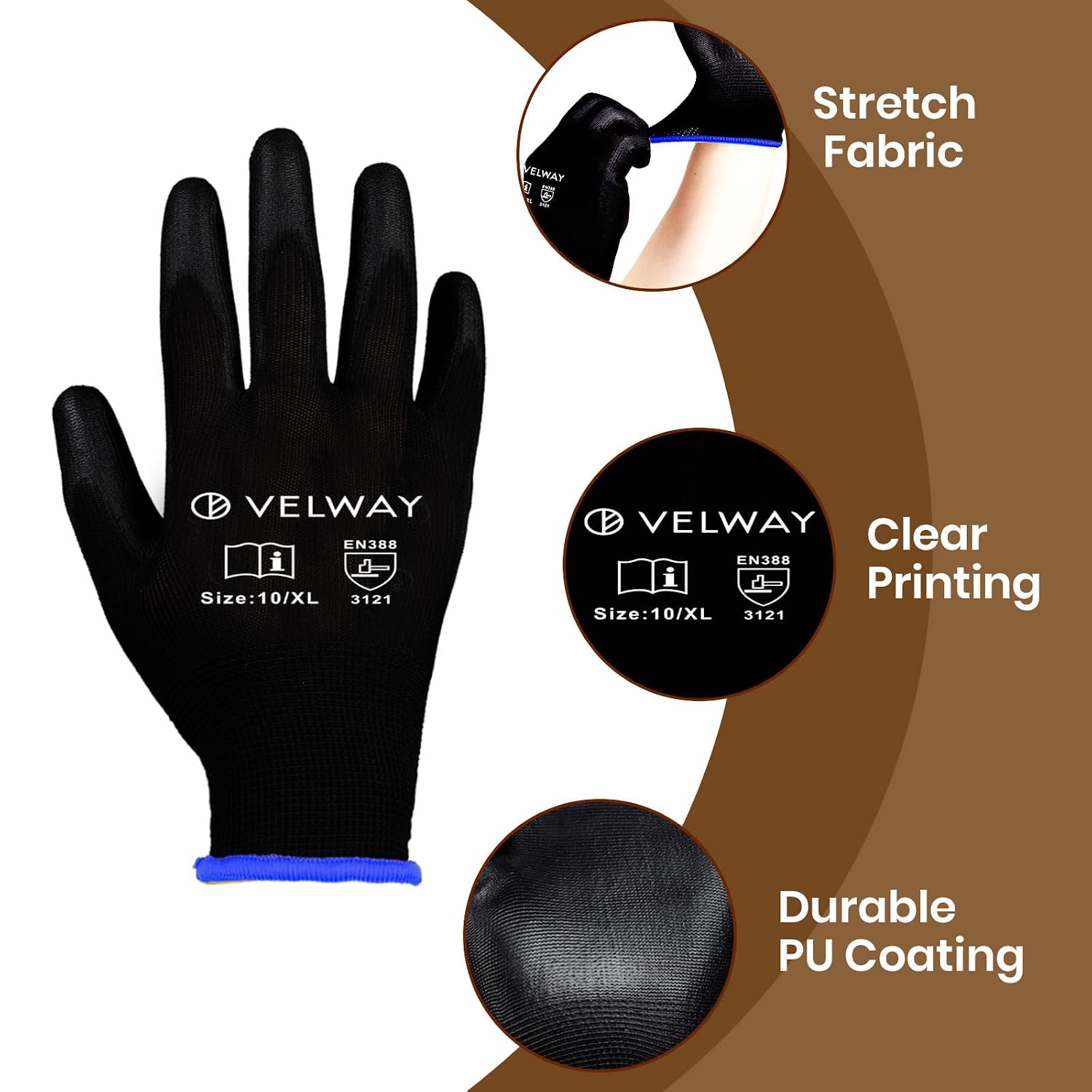 Detalle de Velway 12 Pairs Safety Work Gloves – Firm Grip PU Coated, EN388, Size XL (10/XL)