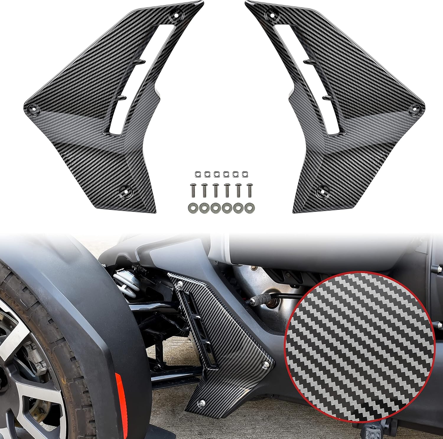 Detalle de SAUTVS ZP-YJ-030603-131 – dolne panele owiewki Can-Am Ryker, ABS, wzór włókna węglowego