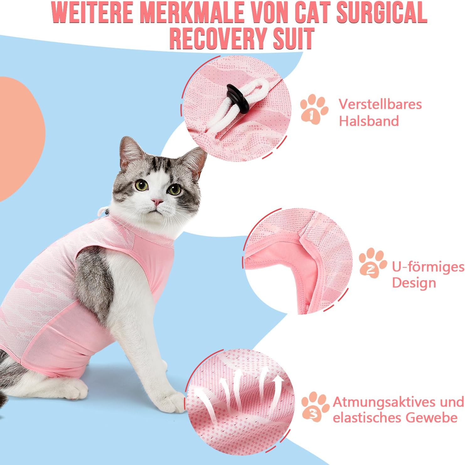 Thumbnail 3 de Eyein Katzenbody nach OP – atmungsaktiver, dehnbarer Erholungsanzug gegen Lecken & Kratzen (Hellrosa, M)