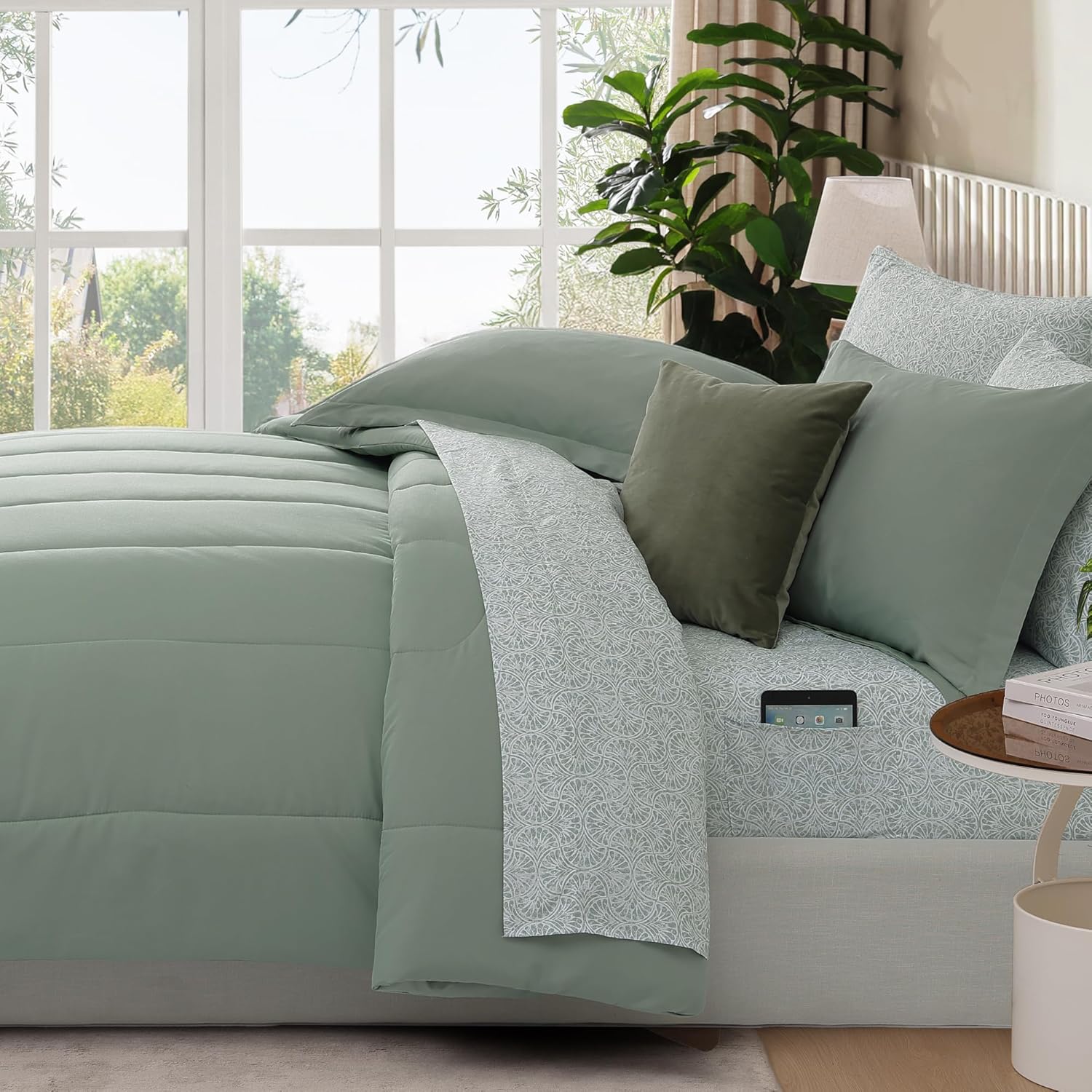 Thumbnail 2 de Monbix Queen Comforter Set - 7 Pieces Sage Green Bed in a Bag