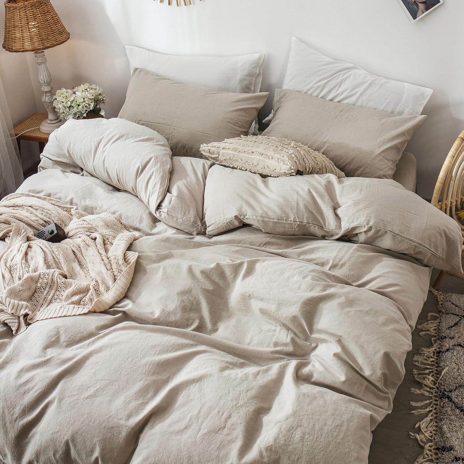 Detalle de MooMee Bedding Washed Cotton Duvet Cover Set (Queen) — Heathered Tannish Linen Grey, Soft & Breathable