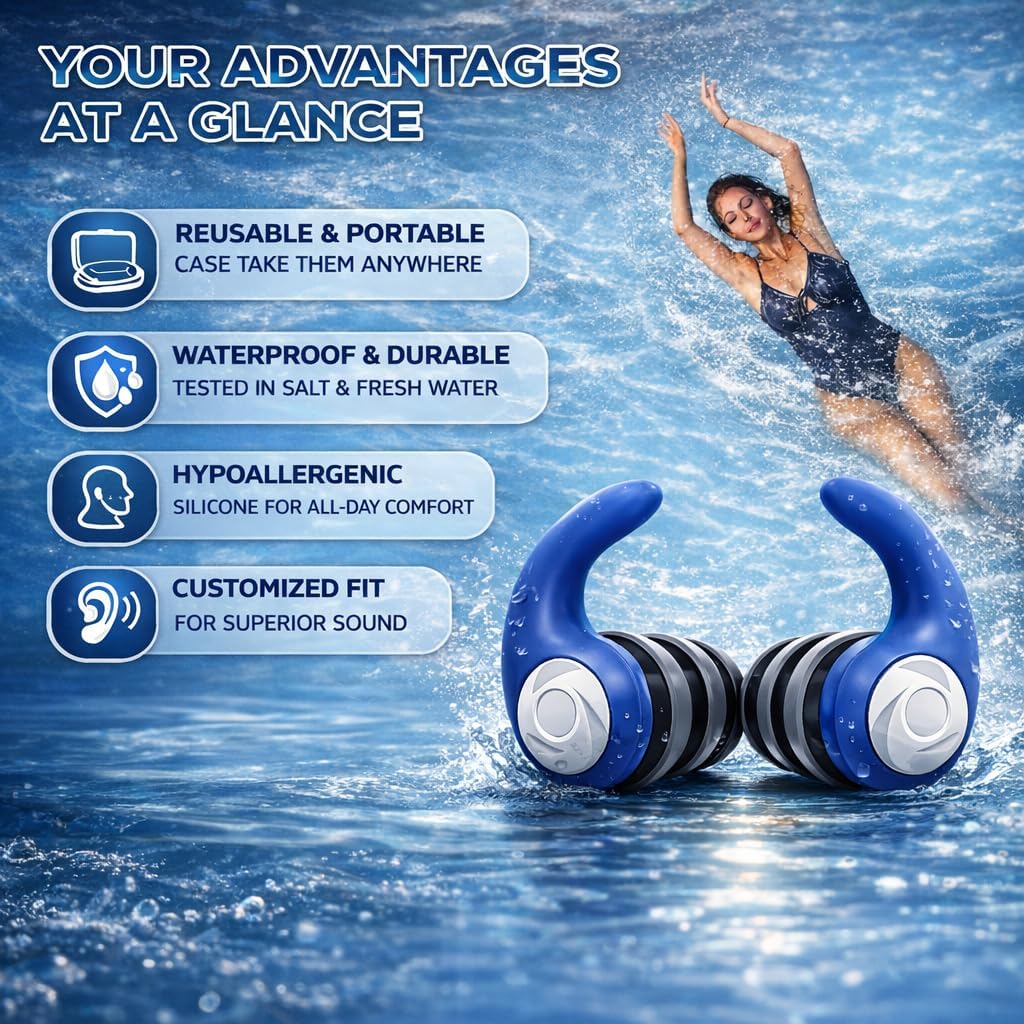 Detalle 2 de Swimming Ear Plugs for Adults with Lanyard – 3 Pairs Waterproof Reusable Soft Silicone Earplugs