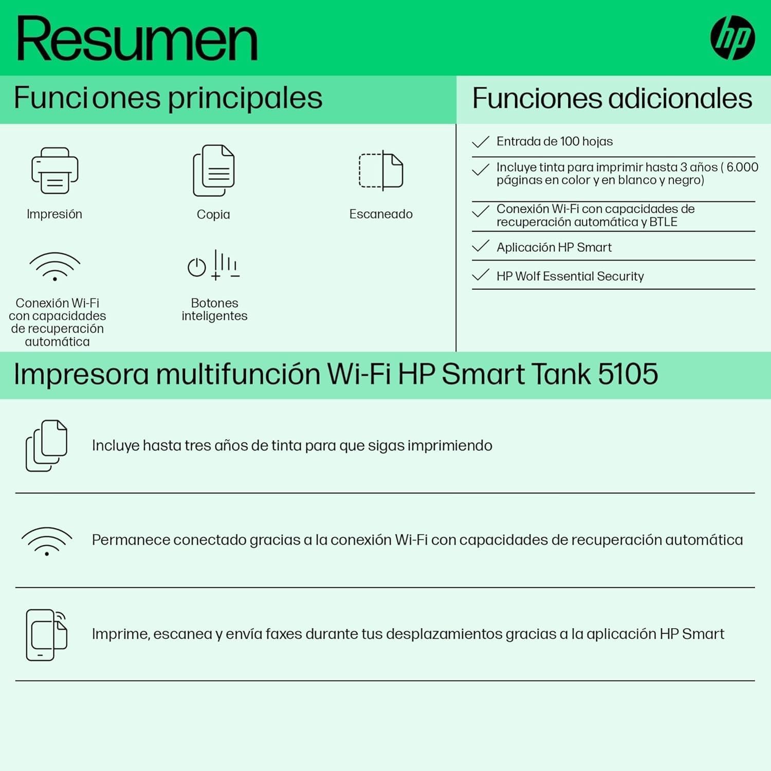 Detalle de HP Smart Tank 5105: Impresora multifunción 3 en 1 con gran depósito de tinta y Wi‑Fi