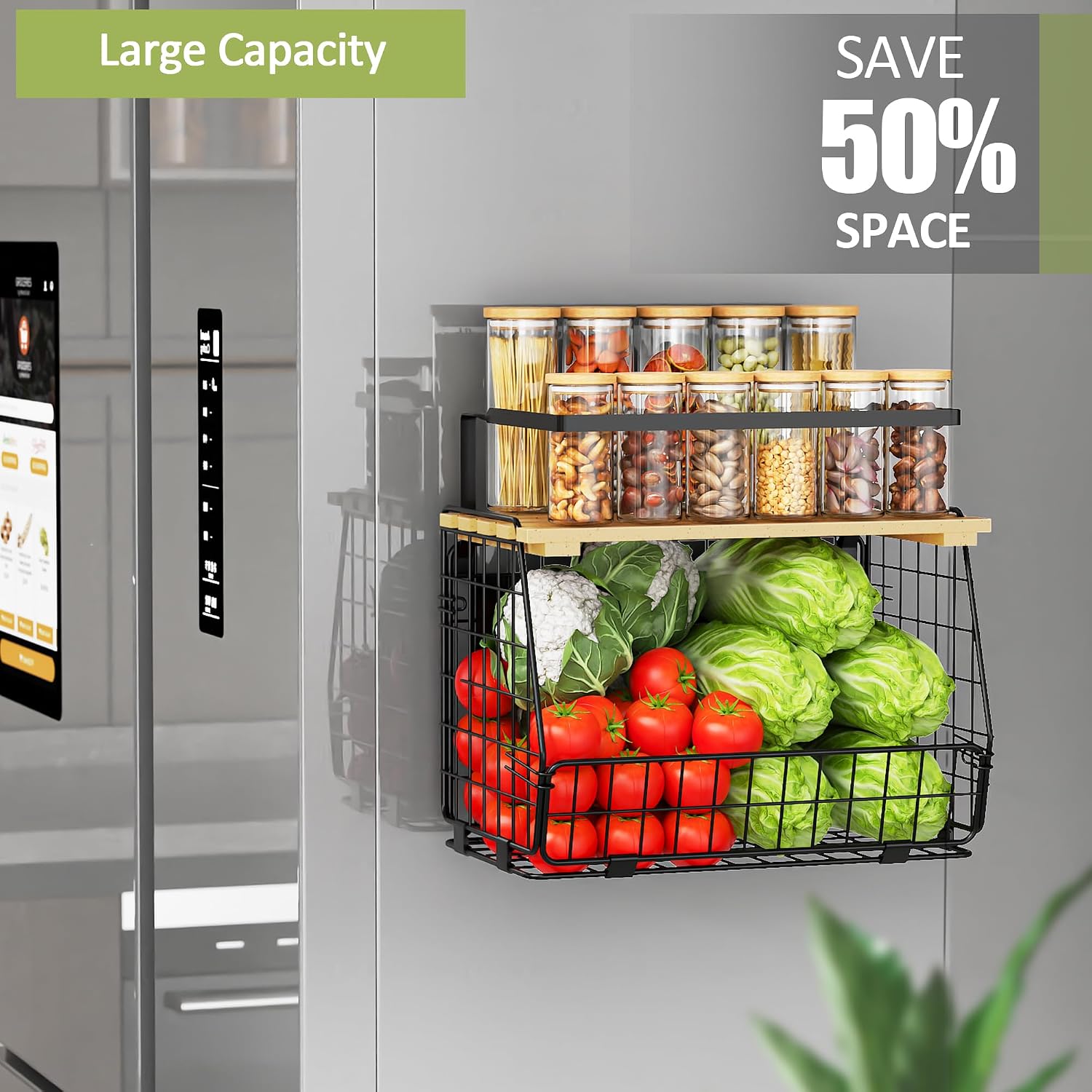 Thumbnail 2 de GGIU Magnetic Shelf for Fridge with Wood Lid (2-Pack) – Fruit, Potato & Onion Storage Bin