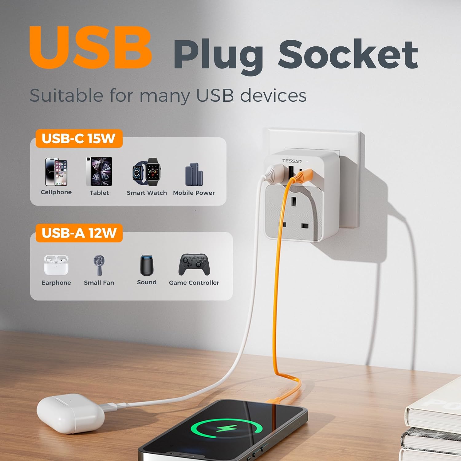 Thumbnail 5 de TESSAN USB C Plug Adaptor UK 3250W multi-plug socket 🔌